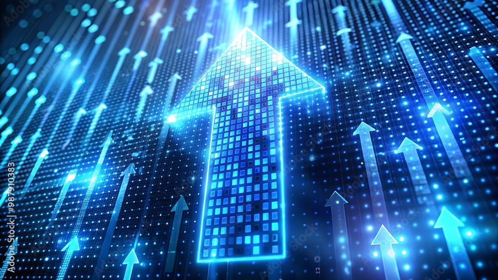 Fototapeta premium Binary Code and Glowing Lights Form an Upward Arrow 3D Rendered Icon with a Digital Background Representing Technology Growth