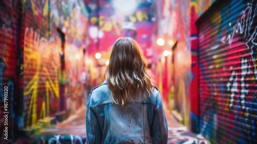 A woman with wavy hair, seen from behind, walks through a vibrant alley filled with colorful graffiti.