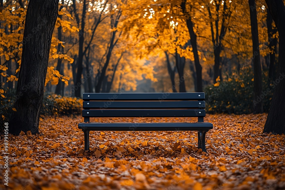An empty bench in the park covered with golden autumn leaves An empty bench in the park covered with golden autumn leaves