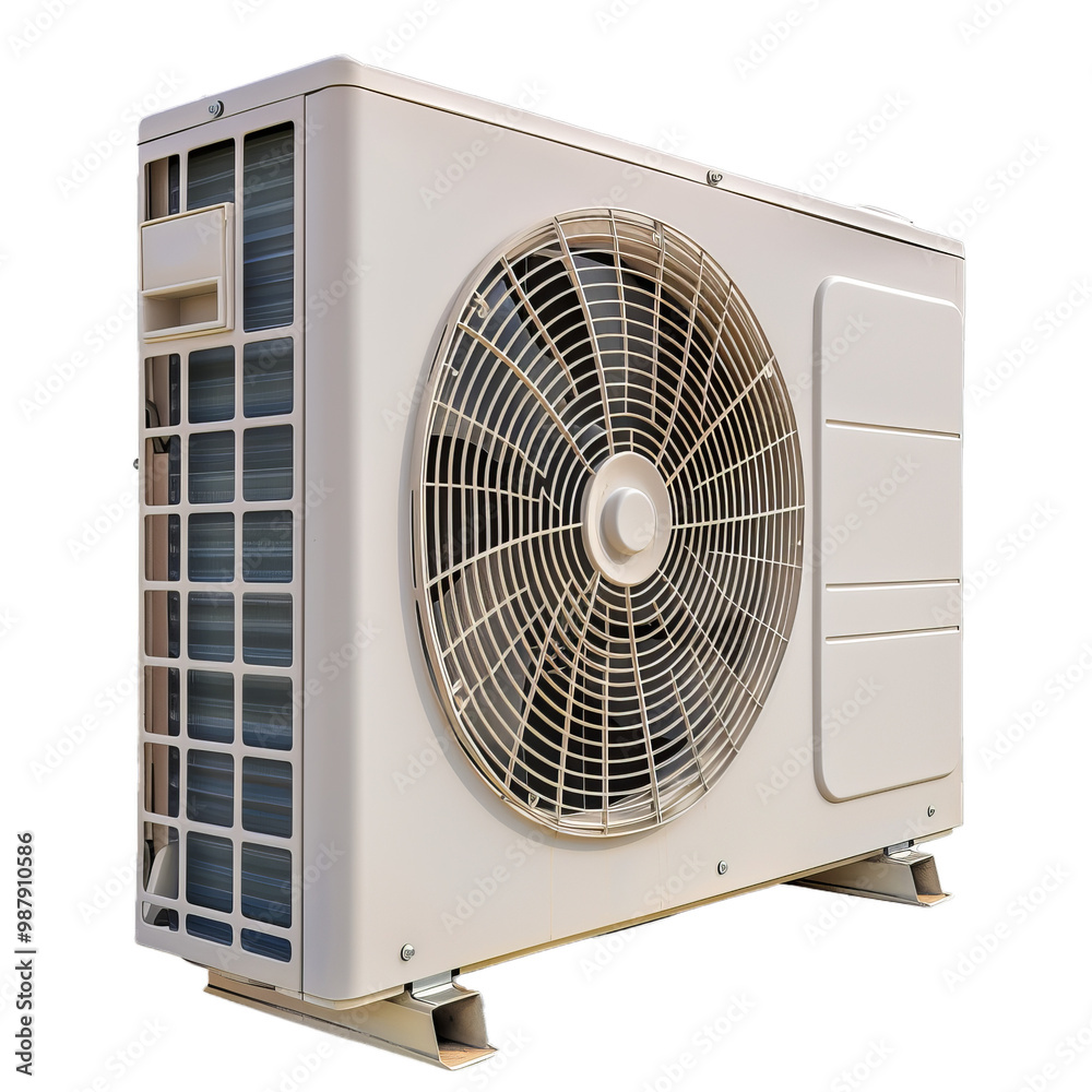 Outdoor unit of air conditioner split system standing on white background Outdoor unit of air conditioner split system standing on white background