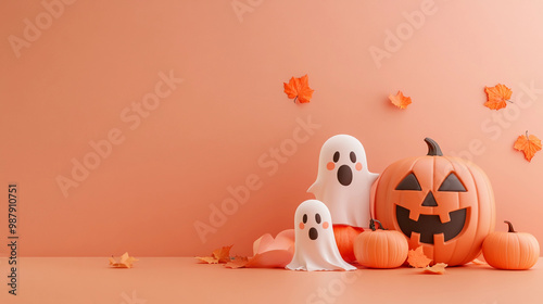 Halloween Pumpkin and Ghost Decorations on Peach Background, Empty Space for Text