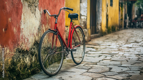 Red Bicycle Parked on Old Urban Sidewalk, Empty Space for Text