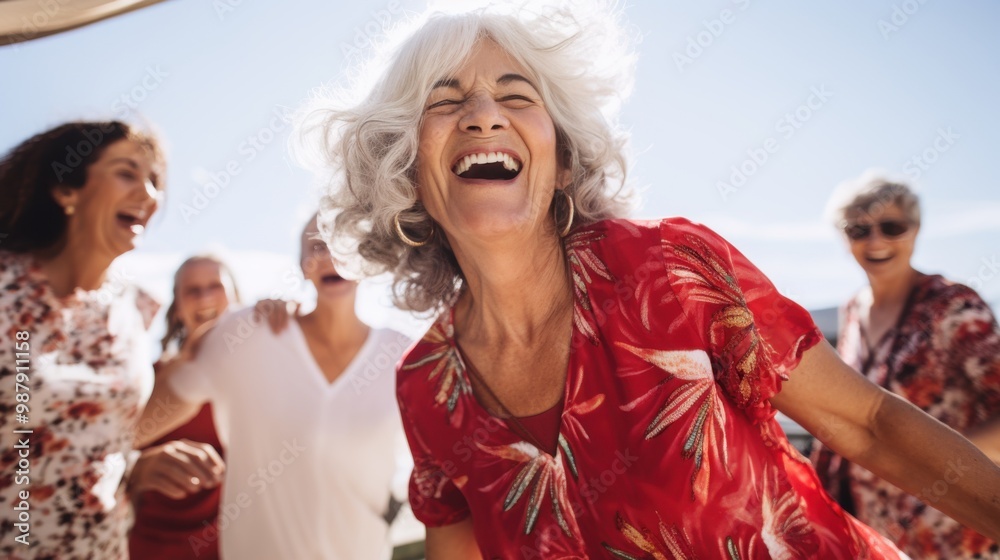 Obraz premium An elderly woman, full of life, joyfully dances with friends, her laughter and vibrant energy infectious, set against a bright sunny backdrop.