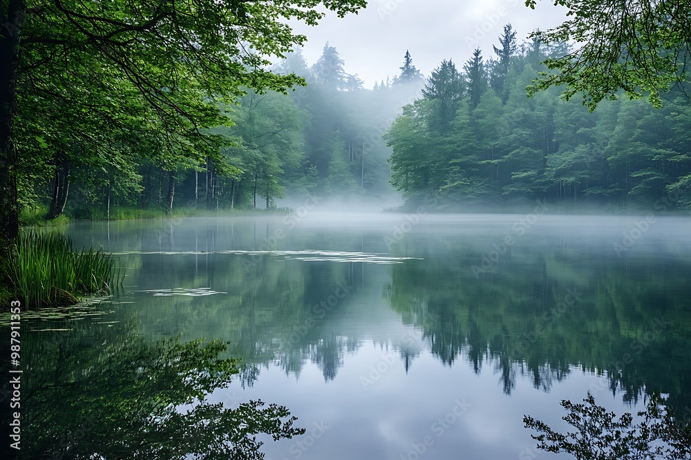 Misty morning lake in the forest, with reflection on water