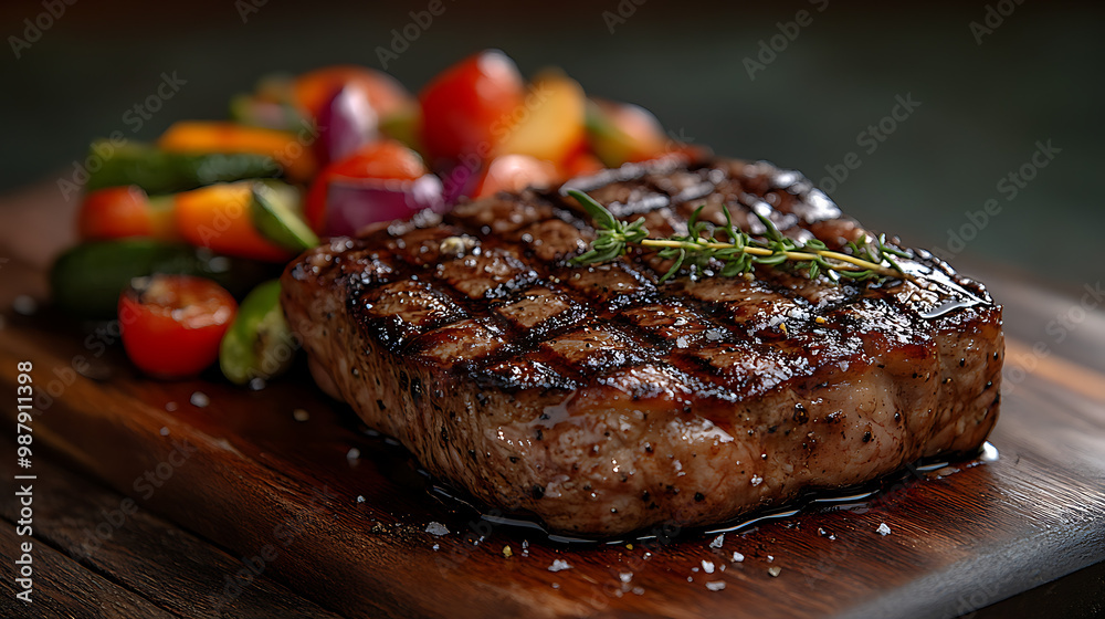 Perfectly Grilled Medium-Rare Steak with Roasted Vegetables on Rustic Wooden Background Perfectly Grilled Medium-Rare Steak with Roasted Vegetables on Rustic Wooden Background