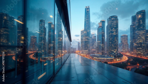 Dynamic urban scene with futuristic skyscrapers and reflections, capturing modern real estate excitement.






 photo