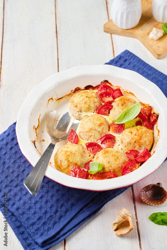 Fish meatballs baked with tomatoes and sauce in a ceramic baking dish on a white wooden background. Fish meatballs baked with tomatoes and sauce in a ceramic baking dish on a white wooden background.
