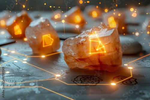 Glowing crystals on a digital surface, symbolizing the integration of technology and natural elements in a futuristic and advanced scientific environment. photo