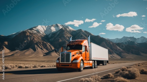 A bright orange semi-truck parked on an open road with majestic snow-capped mountains under a clear, sunny sky.