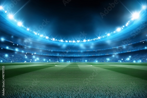 Illuminated stadium at night with green field, ideal sports background.