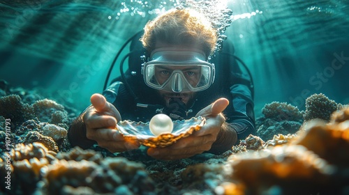 Diver Discovering a Pearl in an Oyster Underwater