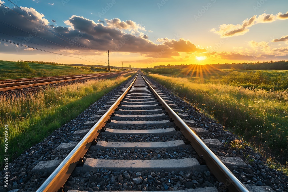 Fototapeta premium Sunrise over railroad tracks, long straight track leading into the horizon