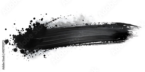 Abstract Black Brush Stroke with Ink Splashes Isolated on a Crisp White Background for a Minimalist Look