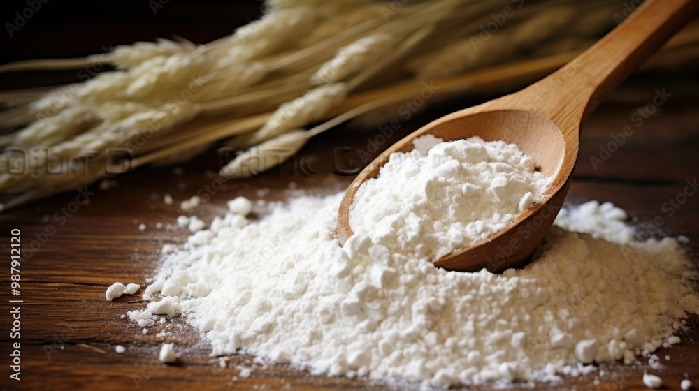 Close-up of a wooden spoon filled with flour, surrounded by wheat and a rustic wooden surface, evoking a sense of traditional and homey baking. Close-up of a wooden spoon filled with flour, surrounded by wheat and a rustic wooden surface, evoking a sense of traditional and homey baking.