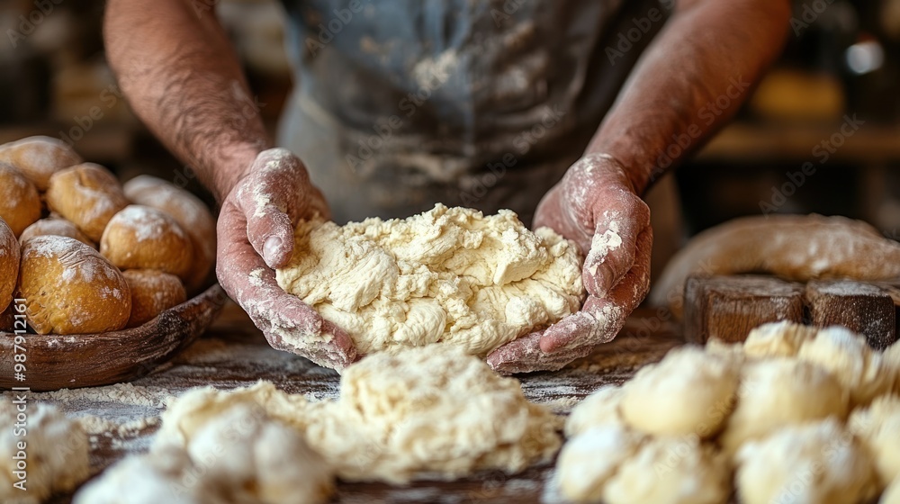 the baker's hands knead a large piece of dough the baker's hands knead a large piece of dough