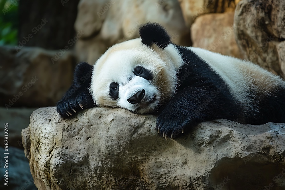 Obraz premium Sleeping Giant Panda Bear on a Rock