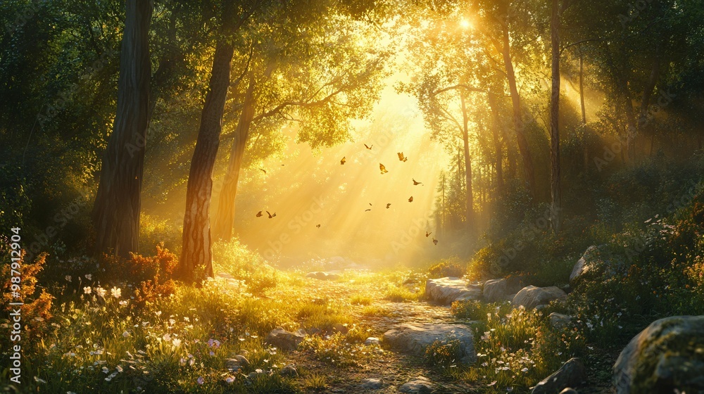 Sunbeams Illuminating a Forest Path with Butterflies