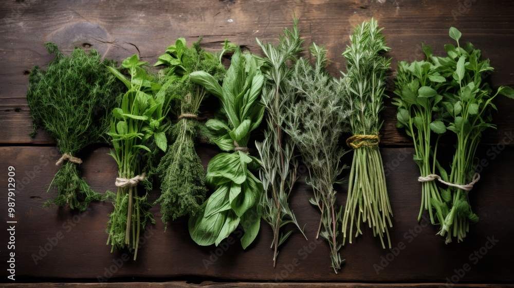 An assortment of fresh, green herbs neatly arranged on a rustic wooden surface. An assortment of fresh, green herbs neatly arranged on a rustic wooden surface.