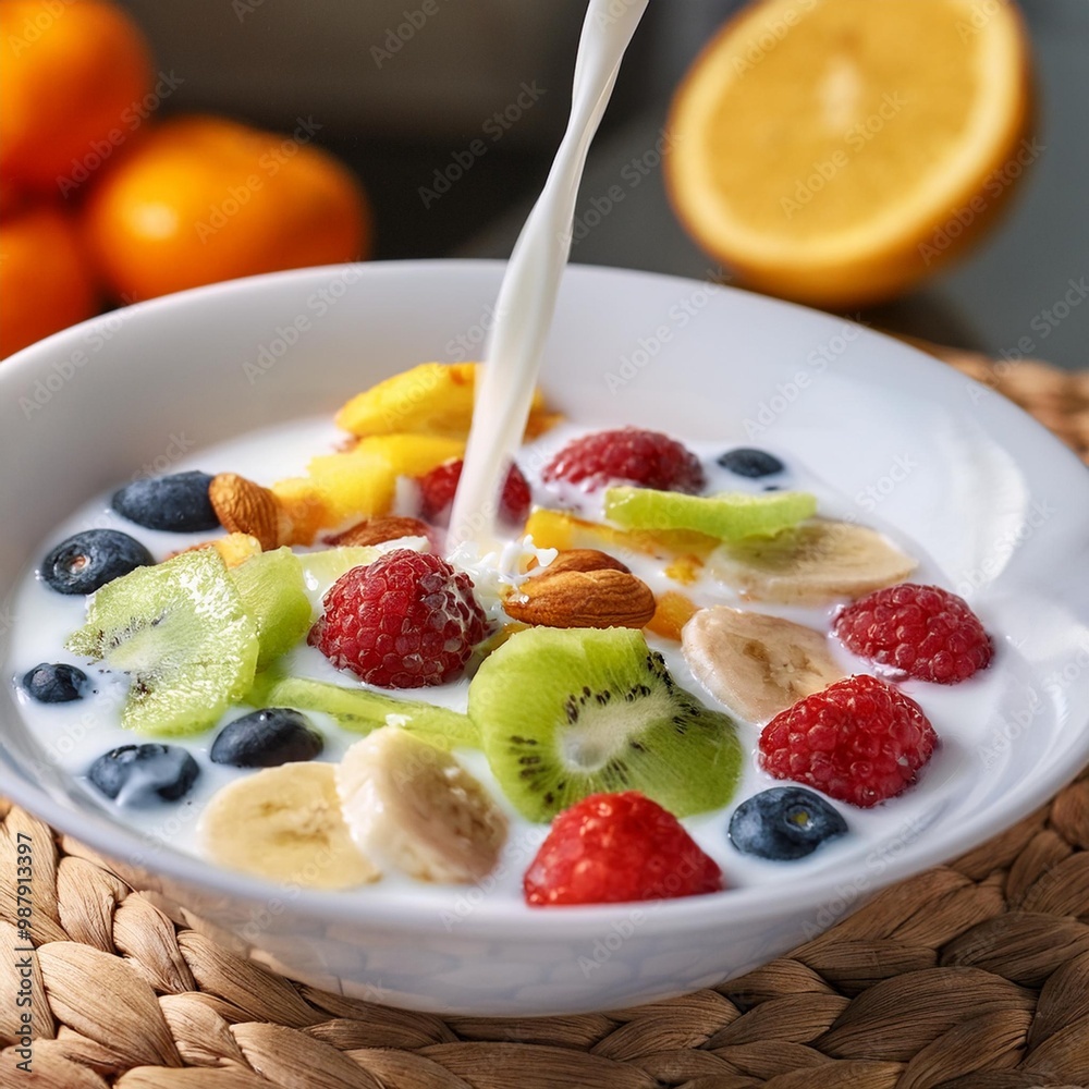 Breakfast food prepared with mixed fruits, milk and cereal Breakfast food prepared with mixed fruits, milk and cereal