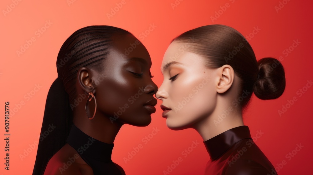 Profile portrait of two diverse women against a vibrant orange background, emphasizing unity, contrast, and beauty in diversity. Profile portrait of two diverse women against a vibrant orange background, emphasizing unity, contrast, and beauty in diversity.
