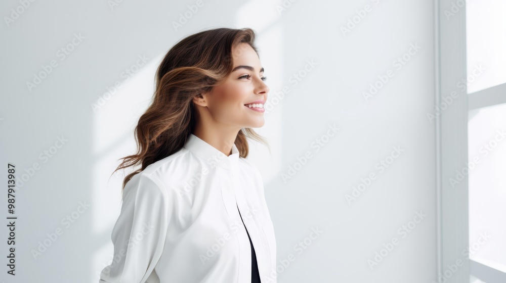 A cheerful woman stands confidently in a well-lit room, beaming with positivity as she looks out toward the sunlight streaming through the window. A cheerful woman stands confidently in a well-lit room, beaming with positivity as she looks out toward the sunlight streaming through the window.