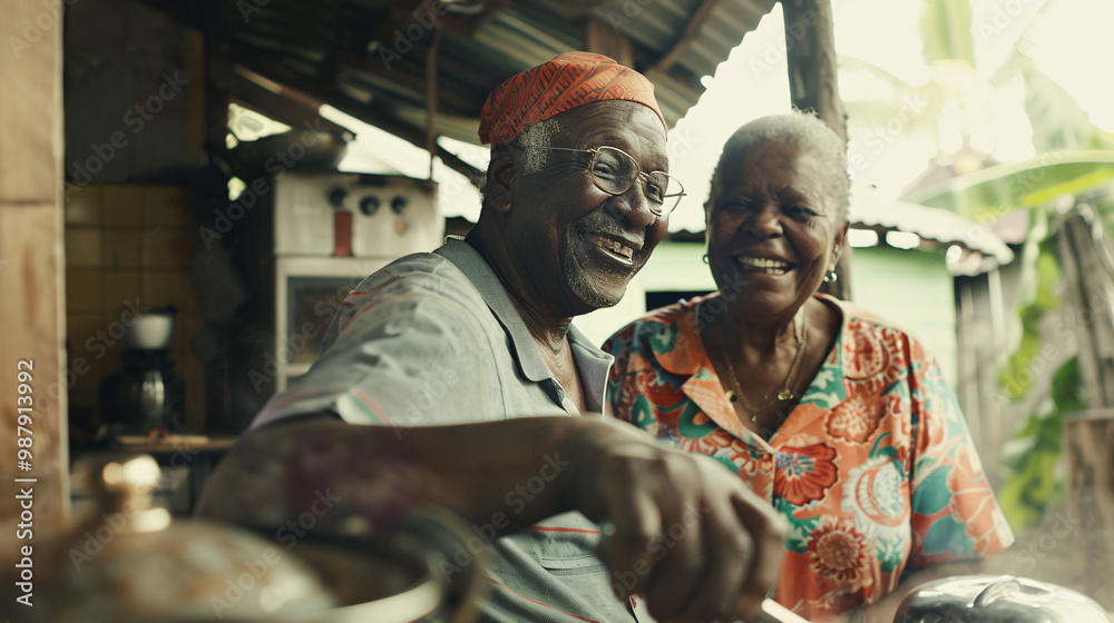 Fototapeta premium Elderly African American couple cooking together in a rustic kitchen and laughing and chatting