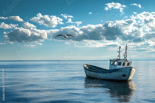 Small fishing boat at sea with white clouds and a seagull flying overhead