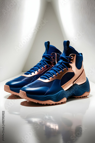 Sleek Blue and Brown High-Top Sneakers photo