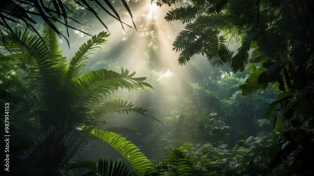 Sunbeams pierce through dense rainforest foliage, casting an enchanting light that highlights the lush green vegetation. Sunbeams pierce through dense rainforest foliage, casting an enchanting light that highlights the lush green vegetation.