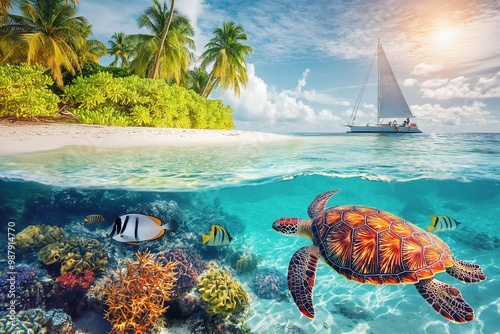 Tropical beach and coral reef fish underwater