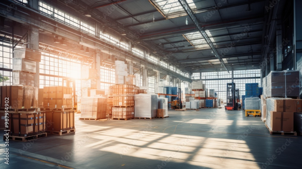 A vast industrial warehouse filled with large containers and boxes, bathed in natural light from the large windows, hinting at busy logistics operations. A vast industrial warehouse filled with large containers and boxes, bathed in natural light from the large windows, hinting at busy logistics operations.