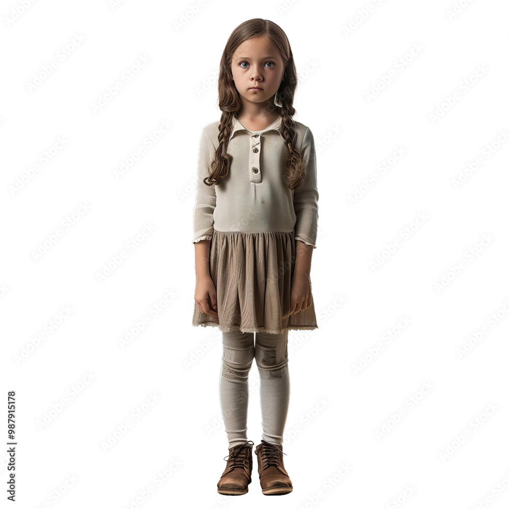 Young girl with long brown hair styled in two braids wearing a beige dress standing with a serious expression Young girl with long brown hair styled in two braids wearing a beige dress standing with a serious expression