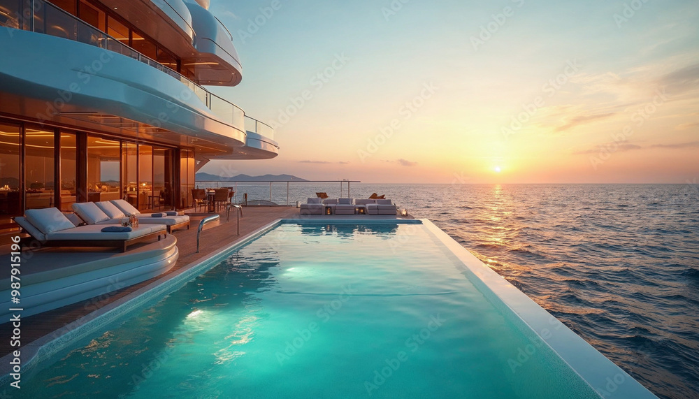 Fototapeta premium Rear view of a superyacht with an elegant pool at sunset, exuding opulence and luxury.