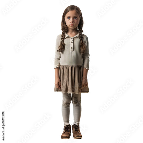 Young girl with long brown hair styled in two braids wearing a beige dress standing with a serious expression