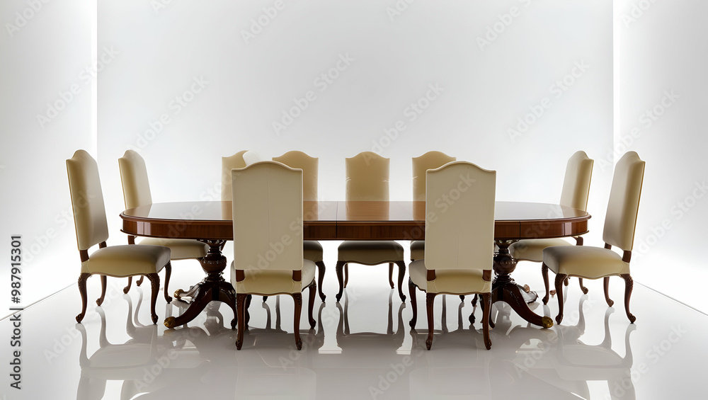Fototapeta premium Elegant Oval Dining Table with Cream Upholstered Chairs