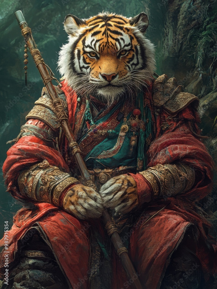 Fototapeta premium Majestic Tiger Warrior in Traditional Armor Holding Staff in Mystical Forest Image
