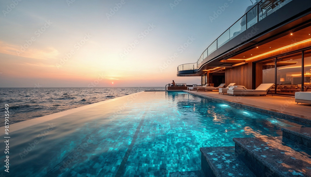 Rear view of a superyacht with an elegant pool at sunset, exuding opulence and luxury.
Rear view of a superyacht with an elegant pool at sunset, exuding opulence and luxury.