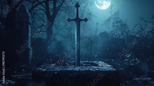 A silver medieval sword is elegantly embedded into a moss-covered stone in the middle of a mysterious, foggy graveyard. The scene is set under a full moon, illuminating the gloomy atmosphere with an e photo