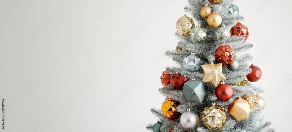 A contemporary New Year tree with geometric ornaments and a mix of metallic colors A contemporary New Year tree with geometric ornaments and a mix of metallic colors