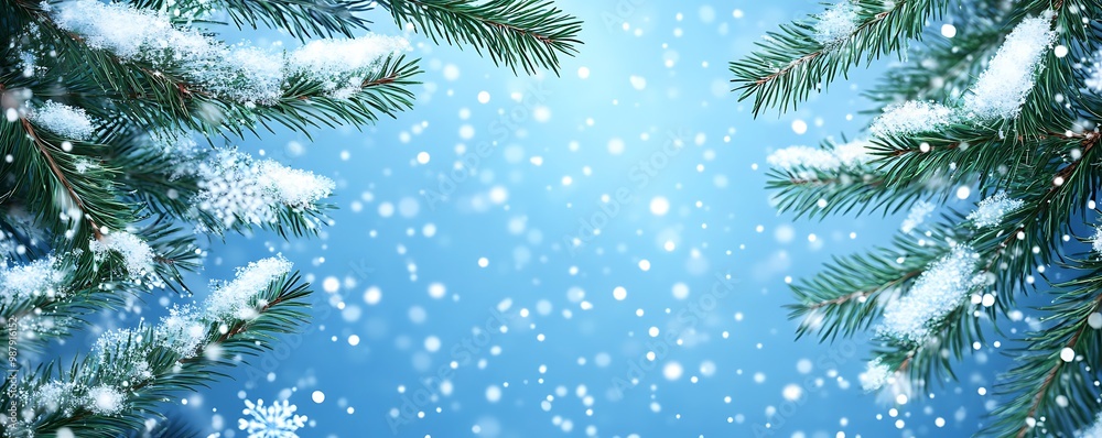 fir pine branches on snowfall blue background with snowflakes, New Year or winter holiday concept, Christmas card with copy space, flat lay, top view, xmas banner fir pine branches on snowfall blue background with snowflakes, New Year or winter holiday concept, Christmas card with copy space, flat lay, top view, xmas banner