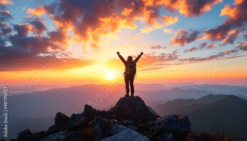 Triumphant hikers celebrating on mountaintop at breathtaking sunrise