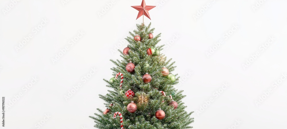 A fully decorated New Year tree with red and green ornaments, candy canes, and a large star on top, set against a white background A fully decorated New Year tree with red and green ornaments, candy canes, and a large star on top, set against a white background