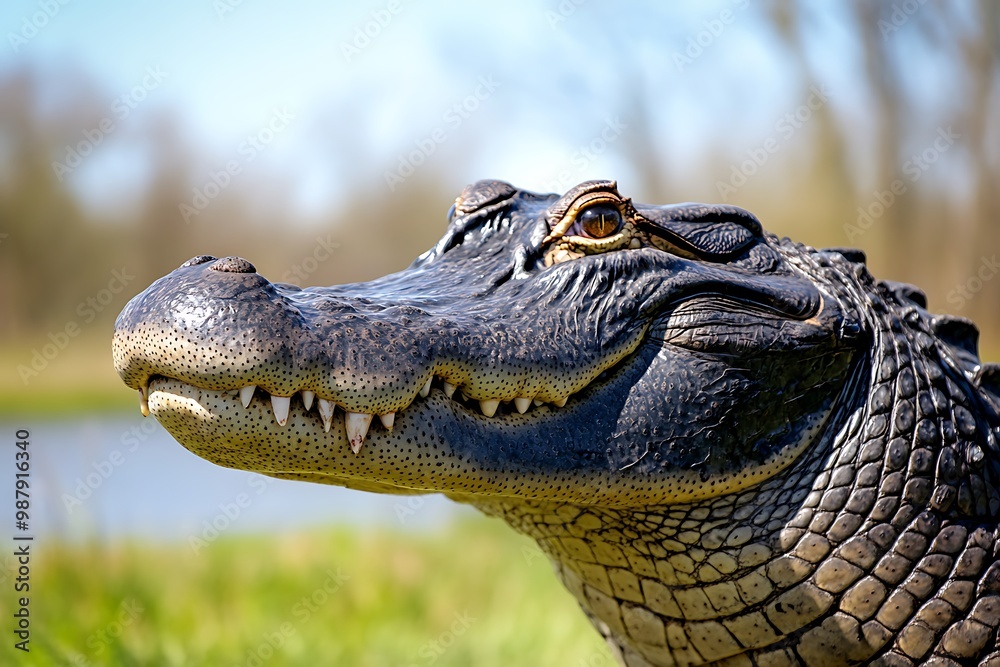 Obraz premium Close up Portrait of an Alligator with Sharp Teeth and Green Background