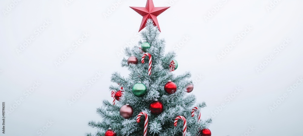 A fully decorated New Year tree with red and green ornaments, candy canes, and a large star on top, set against a white background A fully decorated New Year tree with red and green ornaments, candy canes, and a large star on top, set against a white background