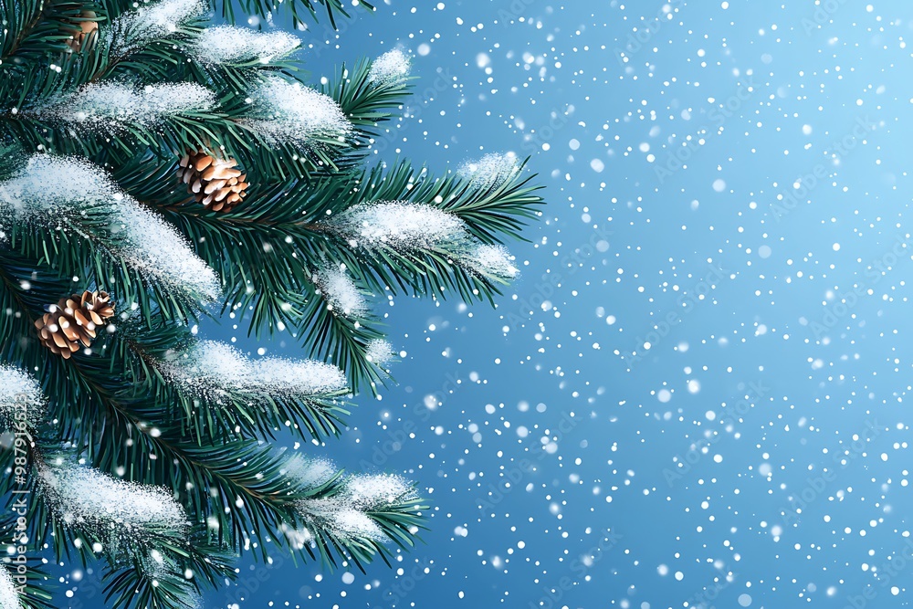 fir pine branches with cones on snowfall blue background with snowflakes, New Year or winter holiday concept, Christmas card with copy space, side view, xmas banner fir pine branches with cones on snowfall blue background with snowflakes, New Year or winter holiday concept, Christmas card with copy space, side view, xmas banner