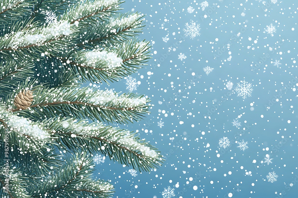 fir pine branches with cones on snowfall blue background with snowflakes, New Year or winter holiday concept, Christmas card with copy space, flat lay, top view, xmas banner fir pine branches with cones on snowfall blue background with snowflakes, New Year or winter holiday concept, Christmas card with copy space, flat lay, top view, xmas banner