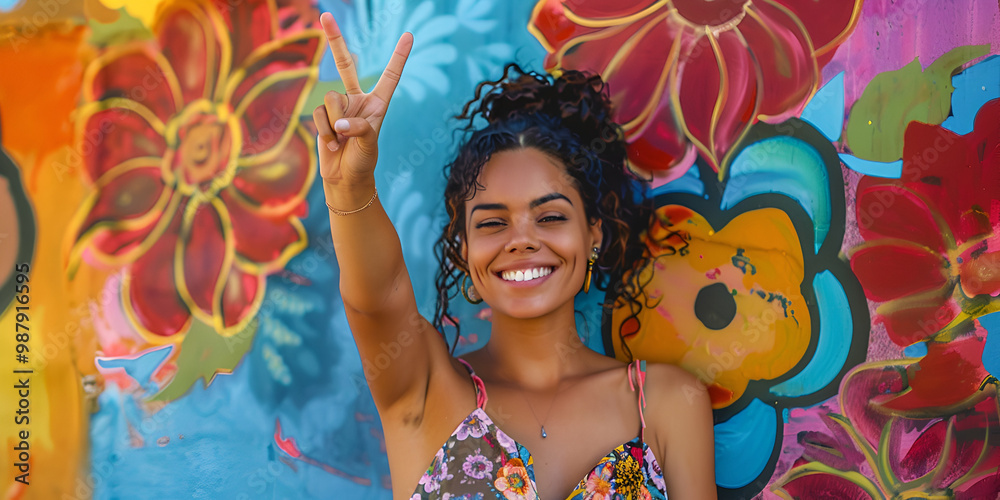Woman posing with peace sign in front of colorful mural, Smiling young woman giving peace sign outdoors
