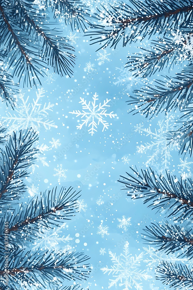 fir pine branches on snowfall blue background with snowflakes, New Year or winter holiday concept, Christmas card with copy space, flat lay, top view, xmas banner fir pine branches on snowfall blue background with snowflakes, New Year or winter holiday concept, Christmas card with copy space, flat lay, top view, xmas banner