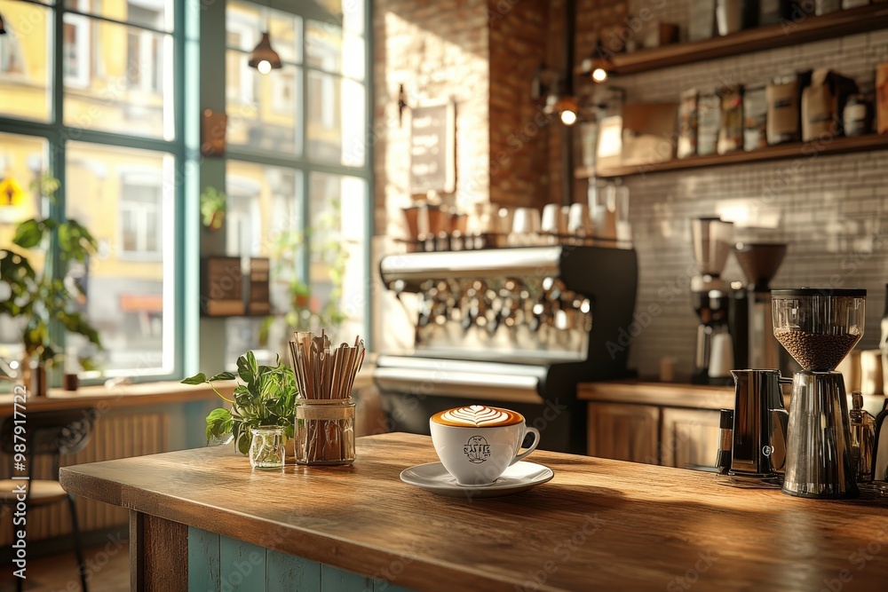 A coffee shop with a wooden counter and a white cup of coffee on it, generative ai image A coffee shop with a wooden counter and a white cup of coffee on it, generative ai image