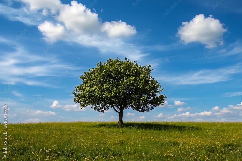Obraz premium Single Tree in a Meadow with Blue Sky and Fluffy Clouds